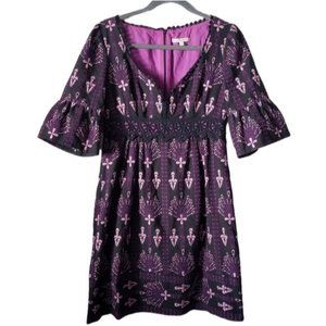 Nanette lepore embroidered dress size‎ 8 knee length floral bell sleeve purple